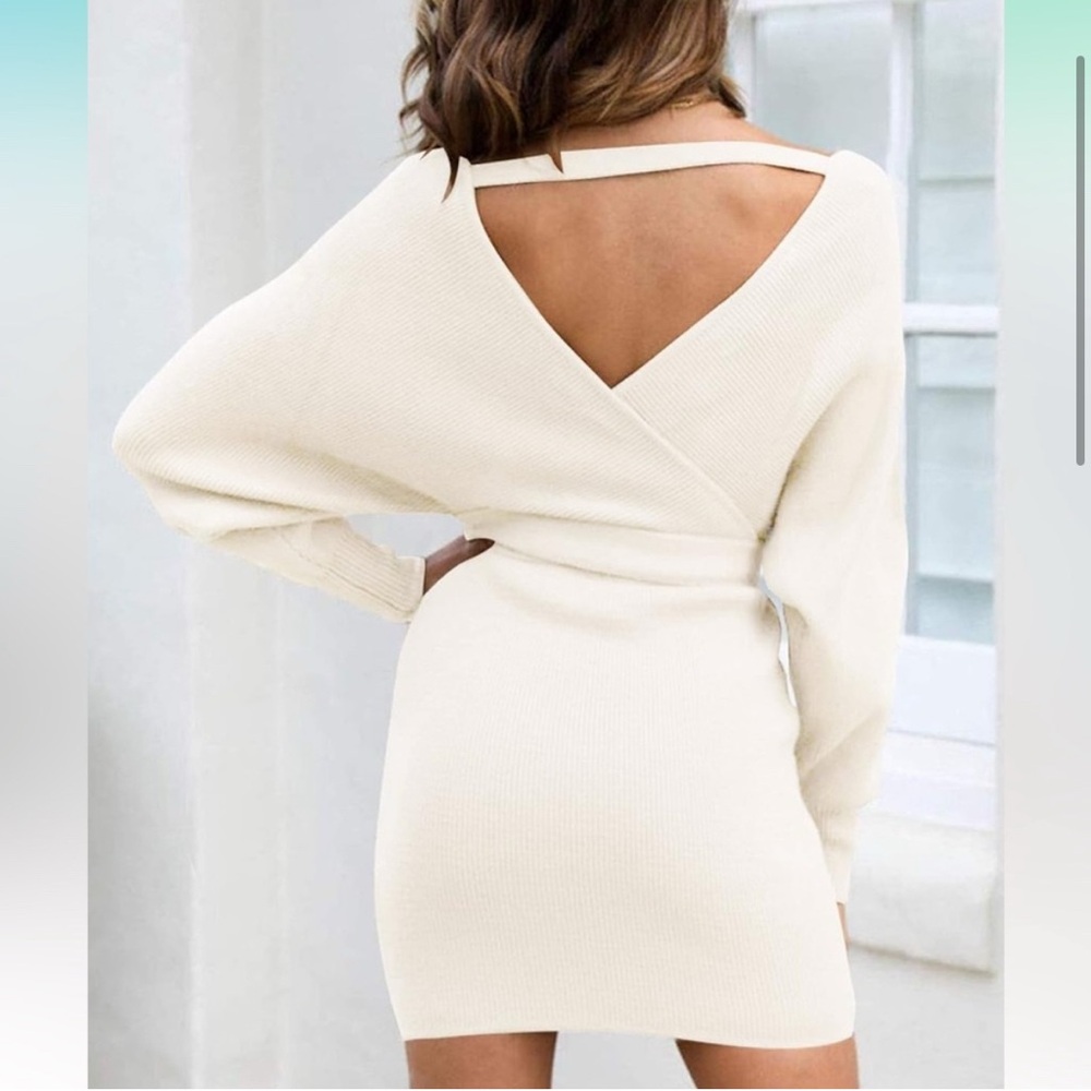 Zesica Cream Kit Wrap Front Tie Sweater Dress - Picture 6 of 8